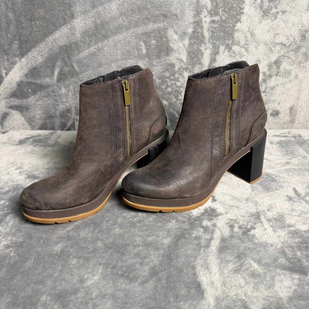 Sorel Cate Zip Bootie Womens 8.5 Dark Brown Leather Ankle Heel Boots